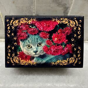 Vintage Wood Kitten Cat Flowers Handpainted Lacquer Box 3.5"